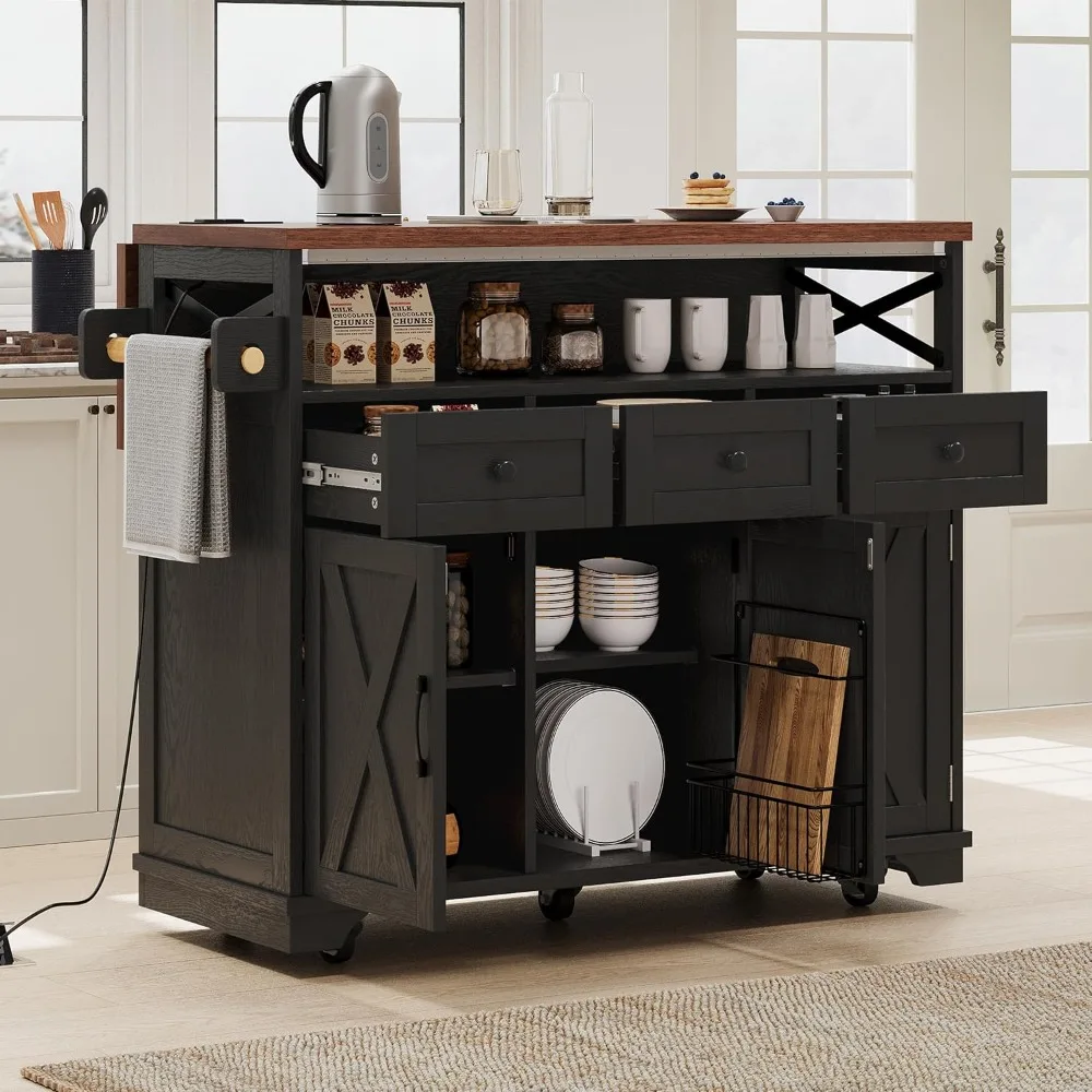 

46.5" Farmhouse Kitchen Island with Beaded Drape & Power Outlet, Rolling Cart with Drop Leaf and 3 Drawers, 400lbs Capacity