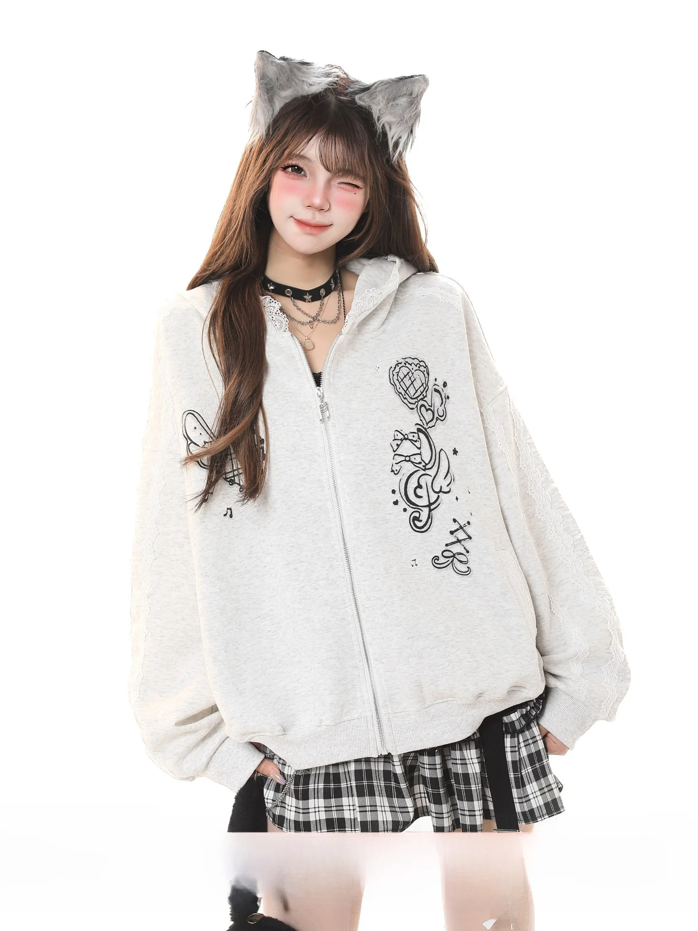 

Korean Sweet fiti Print Lace Splice Hoodie Girls Spring Loose Super Beautiful Open Cardigan Outerwear Casual Sle Long S...