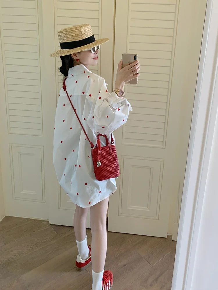 

Gold Su One Red Heart Embroidery irt Women's Spring Summer Korean Sle White Long Sve Thin Outerwear Casual Loose Fit