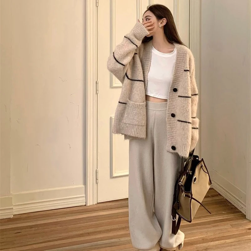 Lucyever Lazy Style Oversized Cardigan Sweater Women Autumn Winter Thick Warm Sweaters Coat Woman Striped Soft Knitted Cardigans