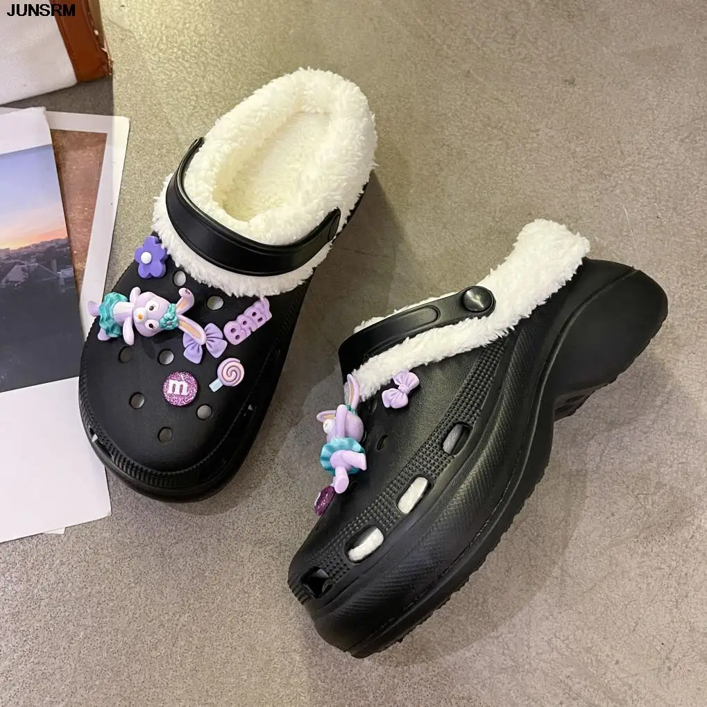 Hot Women Slippers 6cm Platform Warm Furry Clogs Slippers with Charms Indoor Home Cotton Shoes Fluff Fur Slides Plush Sandals