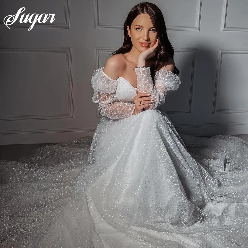 Princess Dot Tulle A Line Wedding Dress Sweetheart Long Sleeve Elegant Sweep Train Bridal Gown Customize Vestidos De Novia Civil