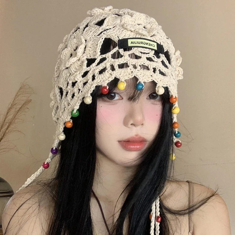 Vintage Bohemian Style Flower Fringed Woven Beanies for Women Summer Outing Versatile Hollow Breathable Fashion Pullover Hats