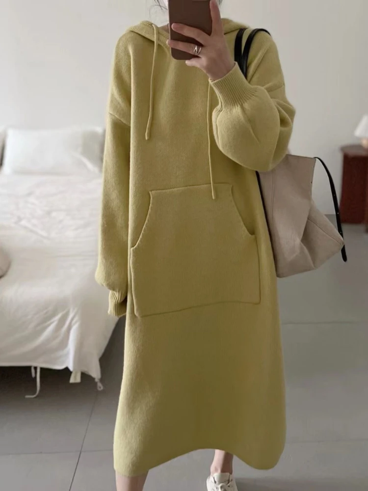 Jesienno-zimowe bluzy z kapturem, sukienki swetrowe dla kobiet, modne sukienki midi z koronkowym wiązaniem na dole, z kapturem, długie sukienki, ciepłe, codzienne, luźne bluzy.