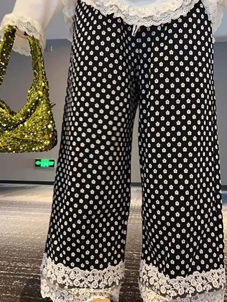 

Корейские летние новые дизайнерские повседневные брюки с кружевом и цветочным принтом, женские универсальные широкие брюки с эластичной резинкой на талии Teana Snow