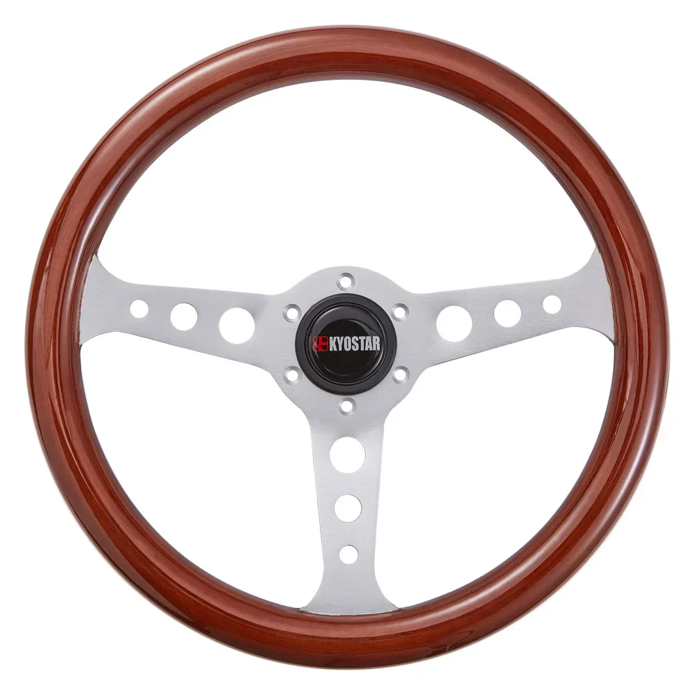 KYOSTAR Car Steering Wheel Silver Spoke 350mm 14 inch Classic Flat Wood Grain Steering Wheel