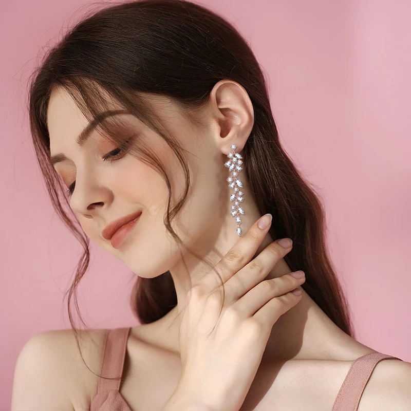 ZAKOL Fashion Cubic Zirconia Leaf Long Dangle Earrings for Women White Leaves Drop Earring Bridal Wedding Jewelry Gifts