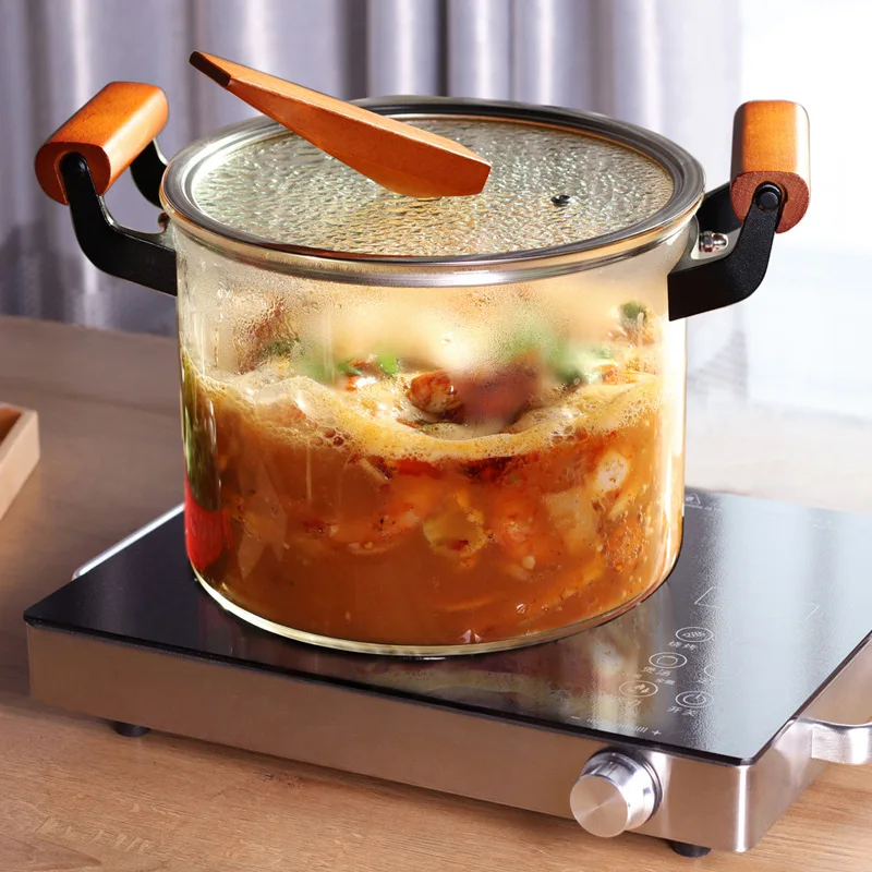 American Transparent Glass Pot With Wooden Handle Domestic Soup Pot Stew Pot Simple Non-stick Kitchen Cooking Pan With Lid LD607