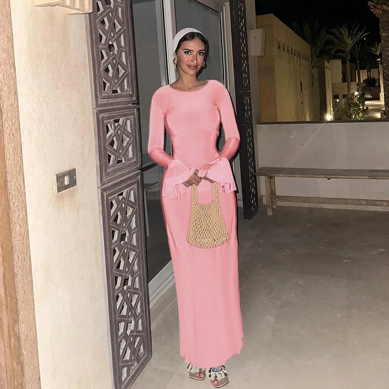 

Y2K Women's Flare Sleeves Solid Color Elegant Dress Sexy Dress Solid Color Tie Fit Long Round Neck Dress