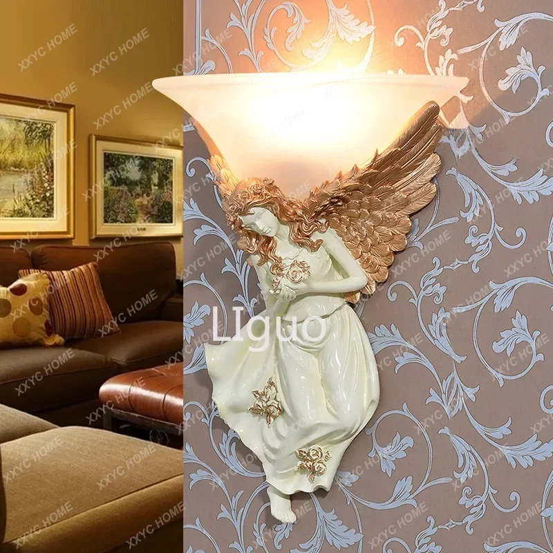 

European style creative Angel wall lamp living room background wall bedroom retro carved resin romantic wall lamp