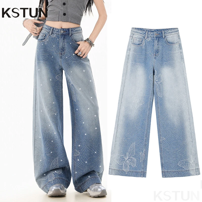 KSTUN Women's Sparkly Butterfly Print High Waist Baggy Wide Leg Jeans - Y2K Streetwear Denim Pants with Rhinestones & Glitter