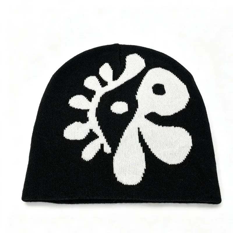 1 Stück Damen Blumenmuster Strickmütze Blumen-Jacquard Skullcap Weiche Dehnbare Warme Gemütliche Kopfbedeckung für Herbst Winter Casual Street Outfits – Detail 3