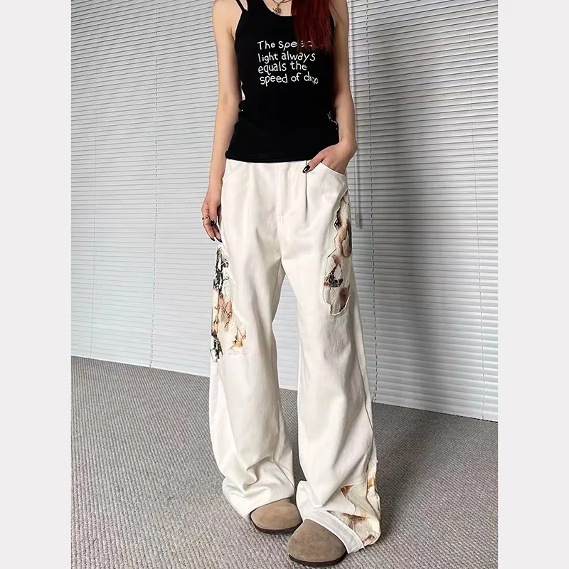 

White High Waist Women Jeans Hip-hop Spliced Fashion Vintage StreetwearY2K Wide Leg Jean 2024 Female Trouser Baggy Denim Pants