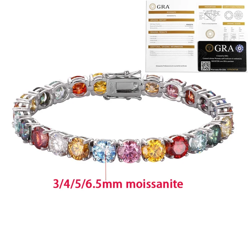 TFGLBU Cute 3/4/5/6.5MM GRA Certified Rainbow Moissanite Tennis Bracelet for Women Solid 925 Silver Birthday Gift GRA Jewelry