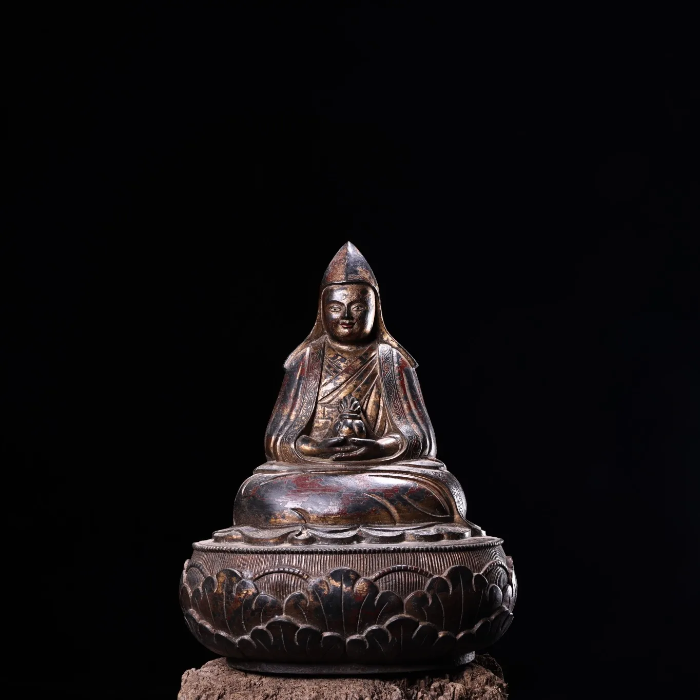 

12"Tibet Temple Collection Old Bronze Gilt Cinnabar Tsongkhapa Lotus Buddha Tibetan Buddha Worship Hall Town house Exorcism