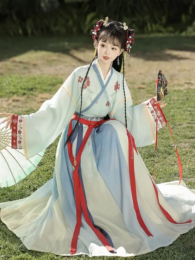オリジナルの晋王朝漢服セット-女性用ハイウエストルクン、クロスカラー付き、伝統的な中国服、大人女性用コスチューム