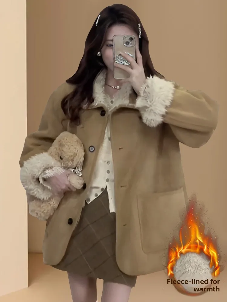 Women's Double-Sided Wear Thickened Warm Fur Jacket Motorcycle Style Integrated Leather And Fur Coat Long Medium-Length Coat