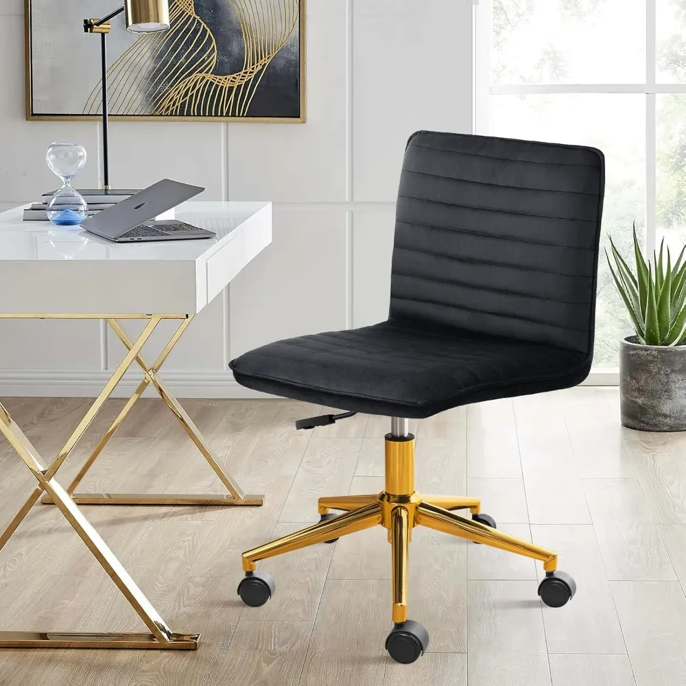 

Home Office Desk Chair, Armless Vanity Chair with Wheels Soft Velvet Adjustable Height, Comfy Computer Rolling Chairs with Gold