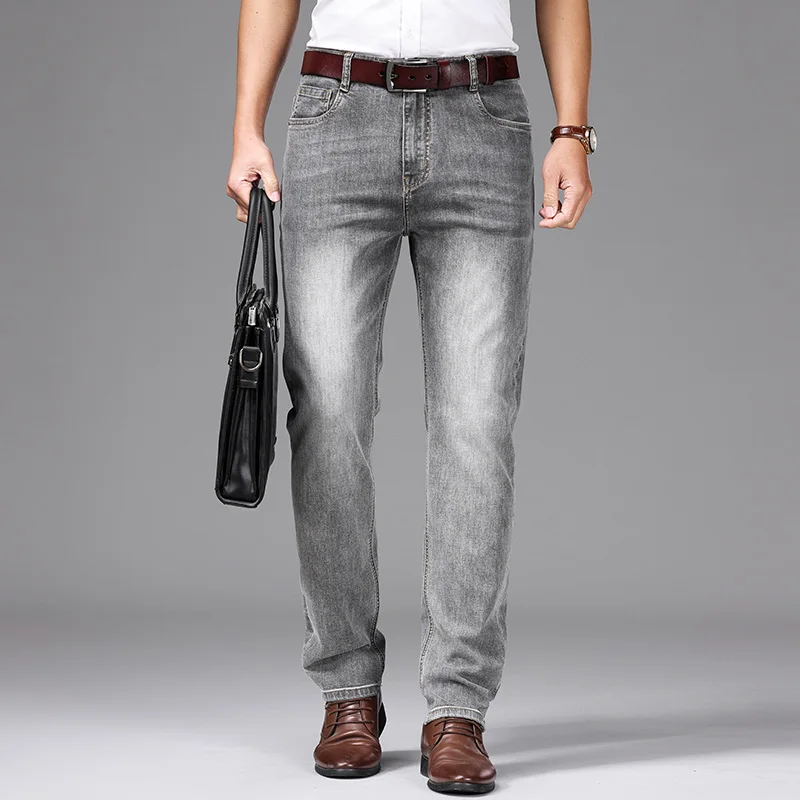 Spring/Summer 2026 Men's Gray Frayed Thin Jeans Classic Style Business Fashion Cotton Denim Stretch Pants Male Brand Trousers