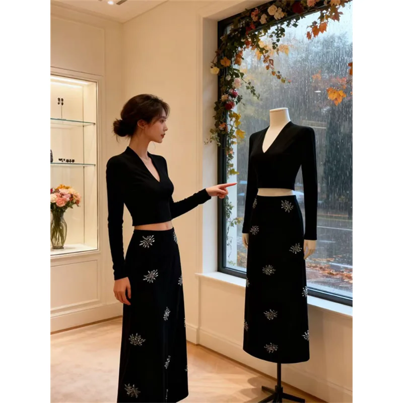 

Faionable Women's Mid-Waist A-Line Skirt with Rhinestones Slimming Design Casual Sle Polyester Fiber 2025 Early Autumn Ne...