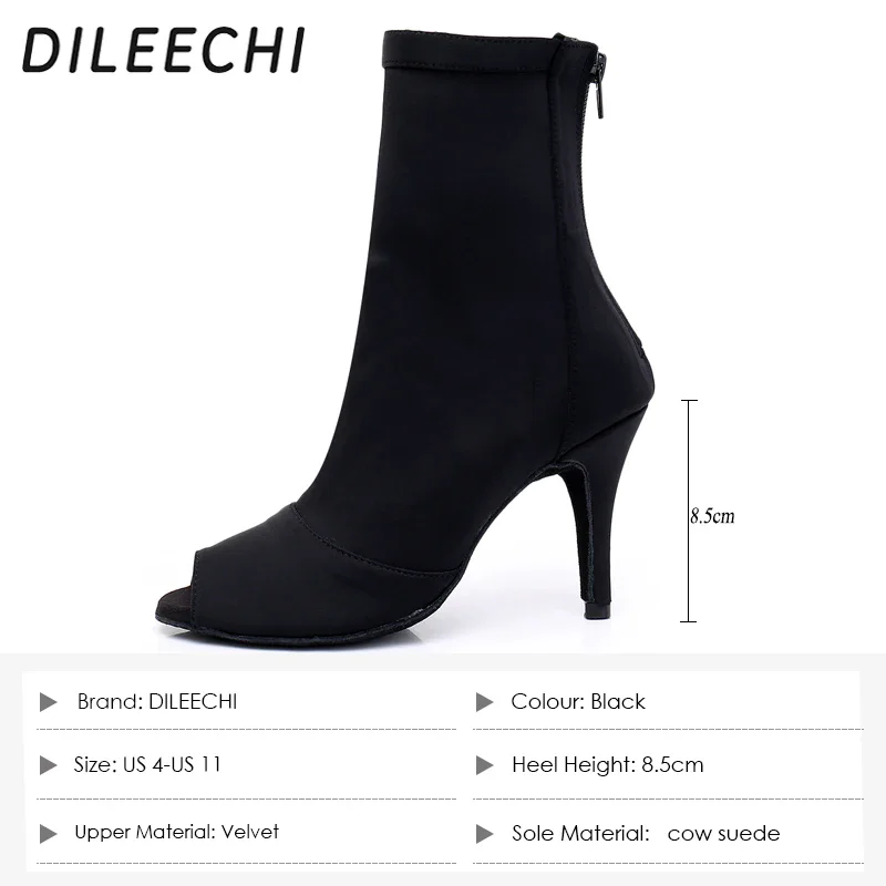 DILEECHI Latin Shoes Dance Boots Women Black Stretch Cloth Salsa Party Wedding Ballroom Dancing Shoes High Heels Soft Outsole