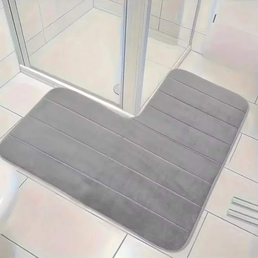 Coral Velvet L-Shaped Bathroom Floor Mat Wear-Resisting Striped Absorbent Foot Mat Right Angle Shower Room Mat Bathroom