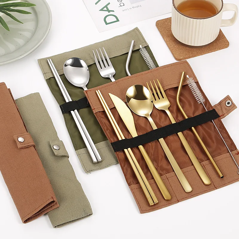 

304 Stainless Steel Tableware Set, Outdoor Portable Tableware Bag, Knife, Fork, Spoon, Chopsticks, Straw Set, Full Set