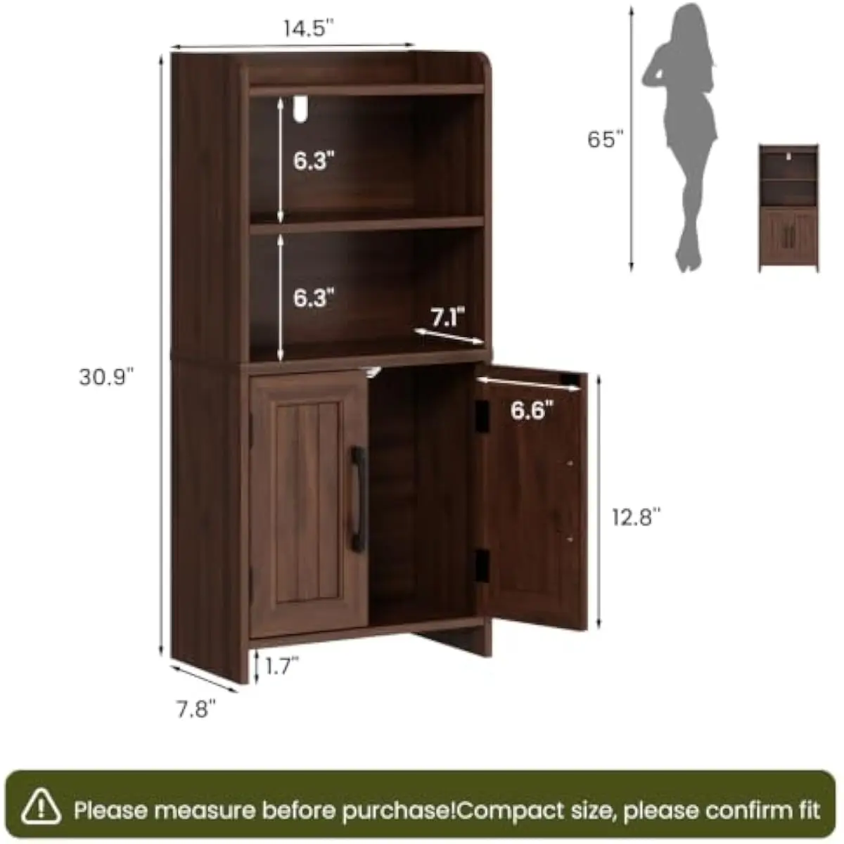 Slim 7.8 Inch Deep Bathroom Cabinet with Open Middle Shelf & Dual Enclosed Doors for Toilet Paper Towels Linens Soap Tissues Tow