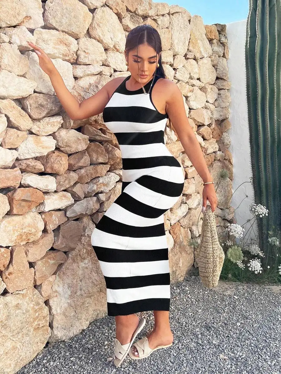 

Women’s Sleeveless Ribbed Knit Maxi Dress Featuring Bold Black And White Curved Horizontal Stripes, Form-Fitting Bodycon
