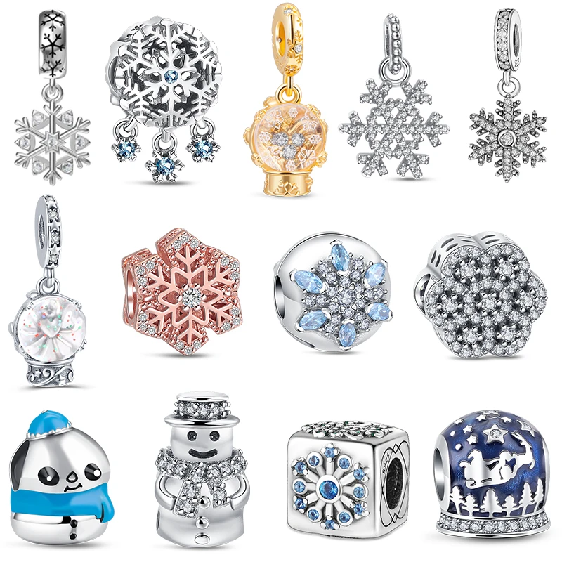 

Winter 925 Sterling Silver Sparkling Snowflake Snow Globe Snowmen Charm Beads Fit Original Pandora Bracelet Dangle DIY Jewelry