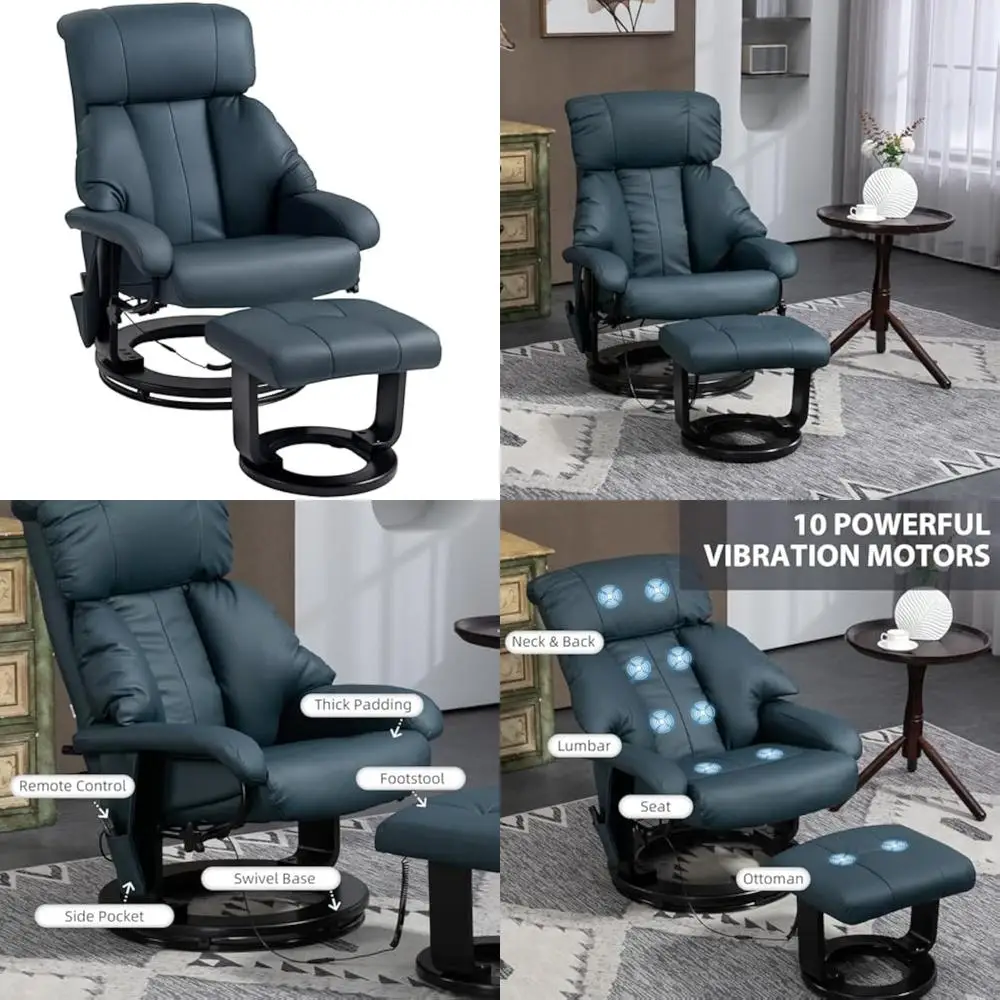 Massage Recliner Chair with Ottoman, 360° Swivel Recliner and Footstool, 10 Point Vibration, PU Leather Reclining Chair with Si