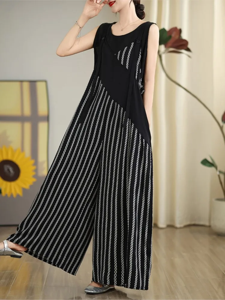 Oversized Summer Sleeveless Striped Print Jumpsuit Women Loose Wide Leg Fashion Ladies Jumpsuits Casual Woman Overalls Jumpsuit