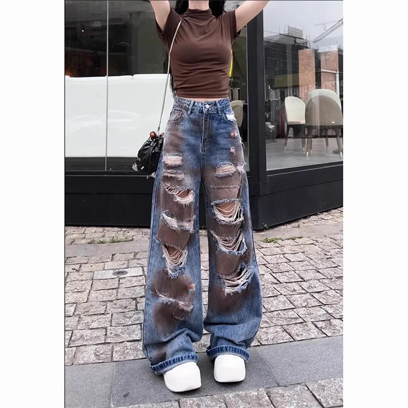 

Broken Jeans Female 2024 Summer Thin New Tie-Dye High-Waisted Straight High Street Design Sense Drag Y2k Chic Pants Retro 2000s