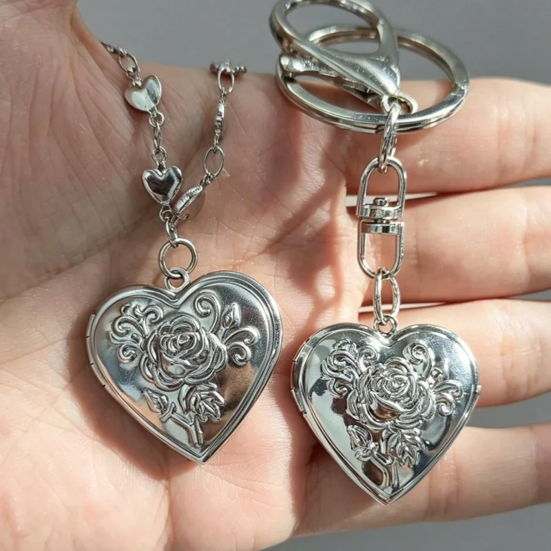 2-piece matching rose heart lock jewelry set, carved floral heart lock bead chain necklace, keychain, exquisite silver jewelry