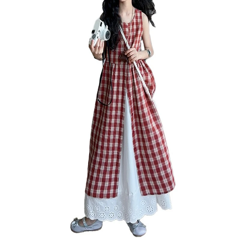 

Girls' Korean Layered Plaid Dress 2026 Summer New, Lazy Style Gown for Big Kids Breathable Casual Daily Wear