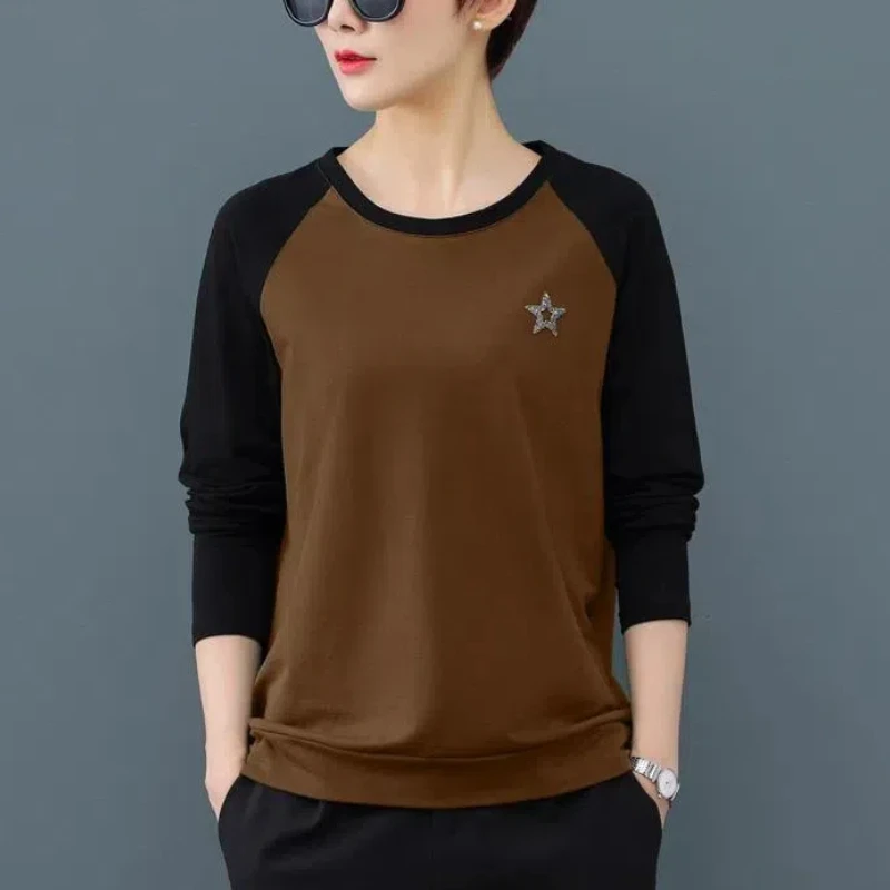 Flattering Rivet Round Neck Contrast Color Women\'s Clothing Pullover Lantern Long Sleeve T-shirt Casual Loose Spring Autumn Tops