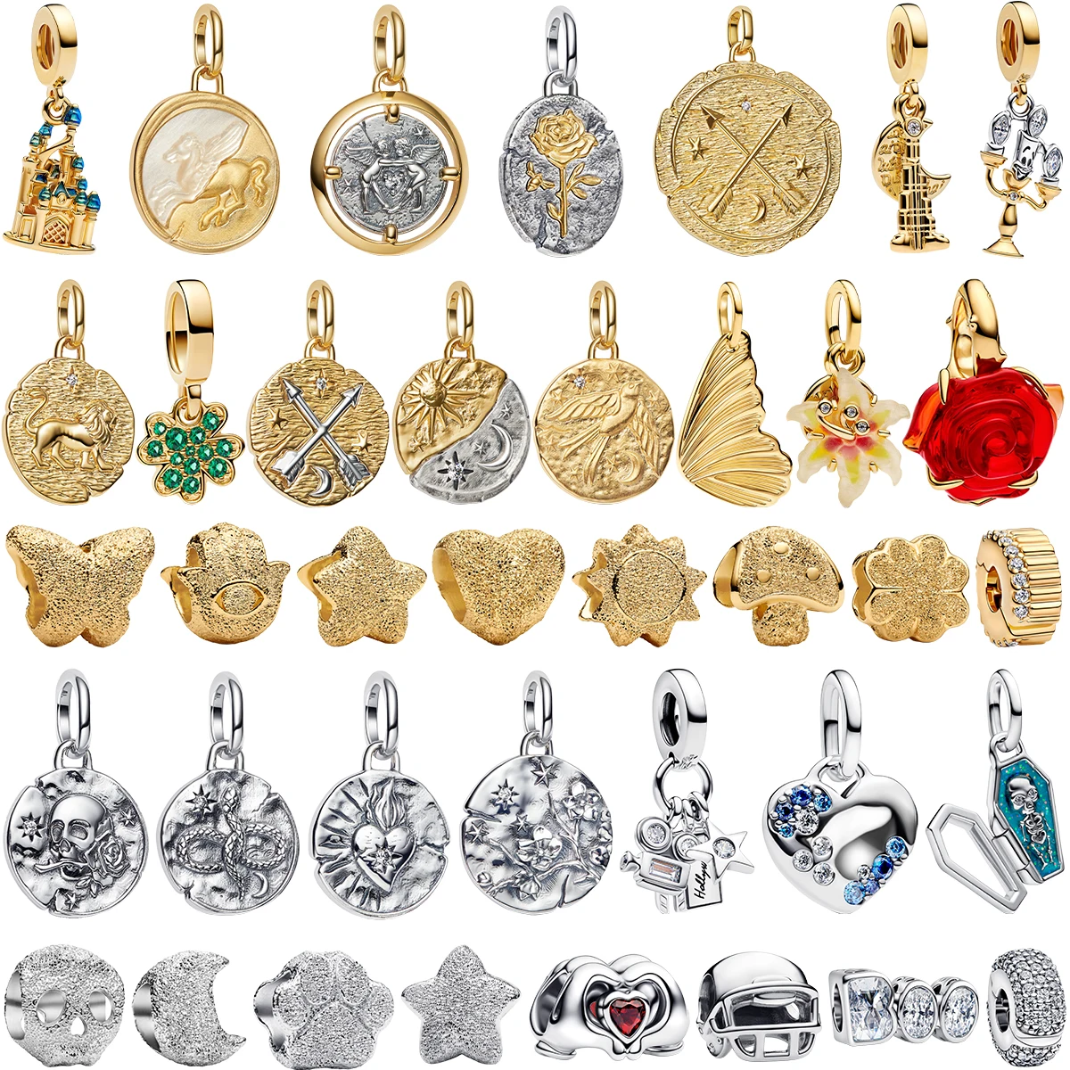 

Authentic 925 Sterling Silver Golden Round Charms Horse Lion Castle Beads Bracelets Necklace Womens Christmas Halloween DIY Gift