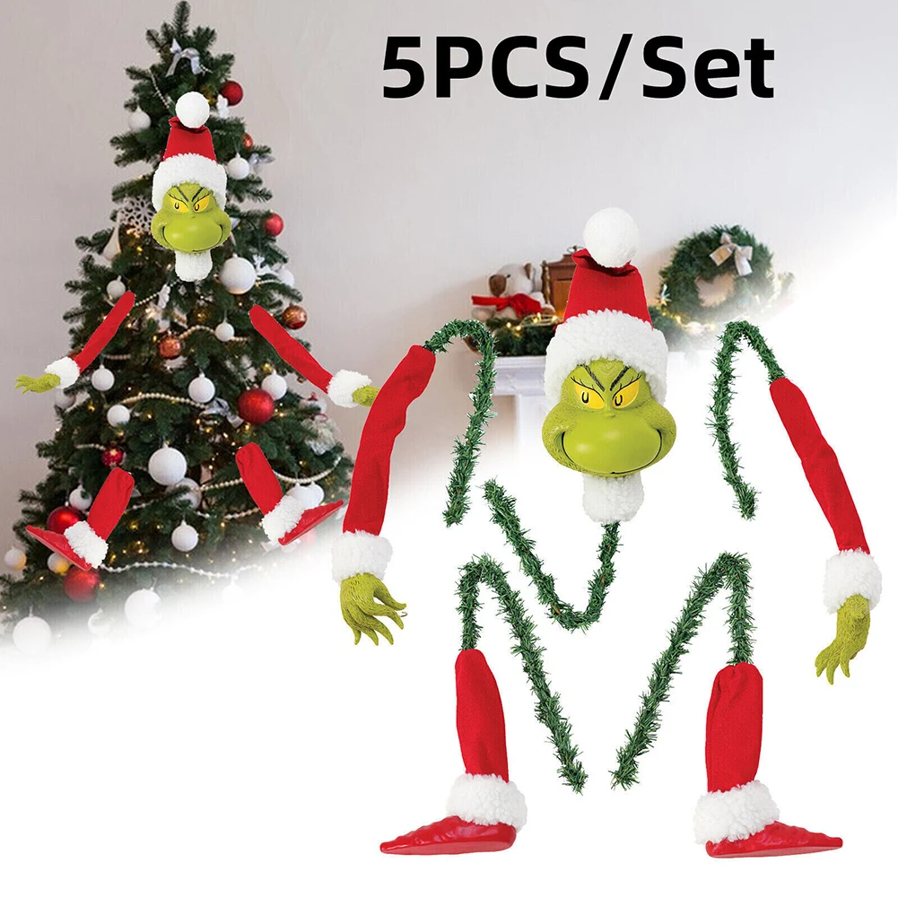 5Pcs Arm Leg Head Ornaments Holder Head/Arms and Legs Grinch Tree Topper Decor Xmas Elf Body Tree Decoration for Xmas Party