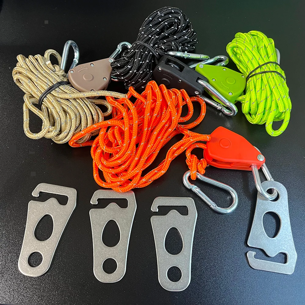 4 Stück Campingzelt-Seilspanner-Clips – verstellbares Windseil und 4 Stück Markisenstrebe, rutschfeste Verschlussschnalle aus Edelstahl