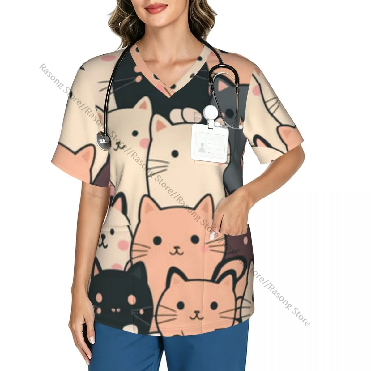 Women's Medical Scrub Top V Neck Short Sleeve Cats Colorful Pattern Stretch Nursing Uniform for Hospital Clinic