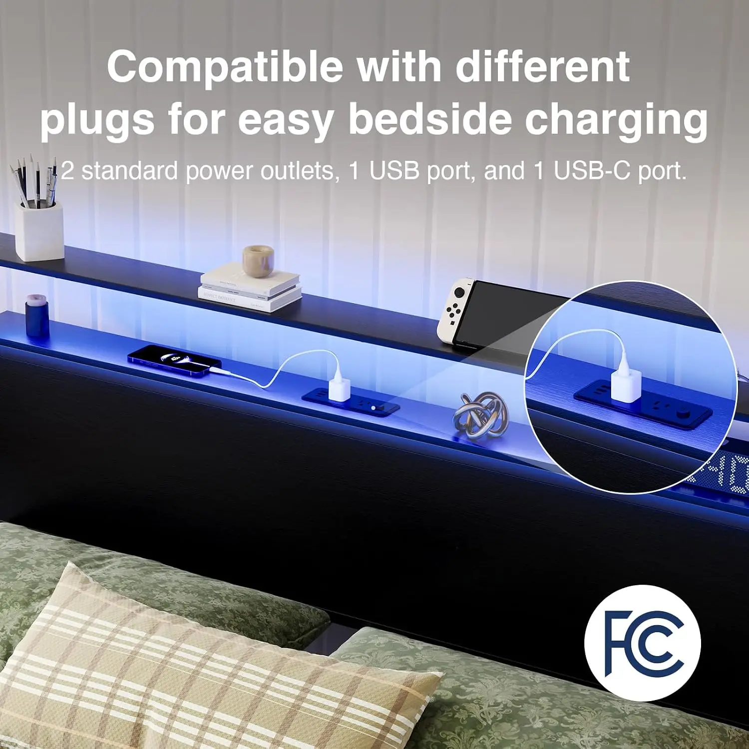 Queen Size Metal Platform Bed Frame with Charging Station and LED Lights, 2-Tier Storage Headboard, Smart Music Sync, No Box Spring Required, Easy to Assemble, Black - view 6