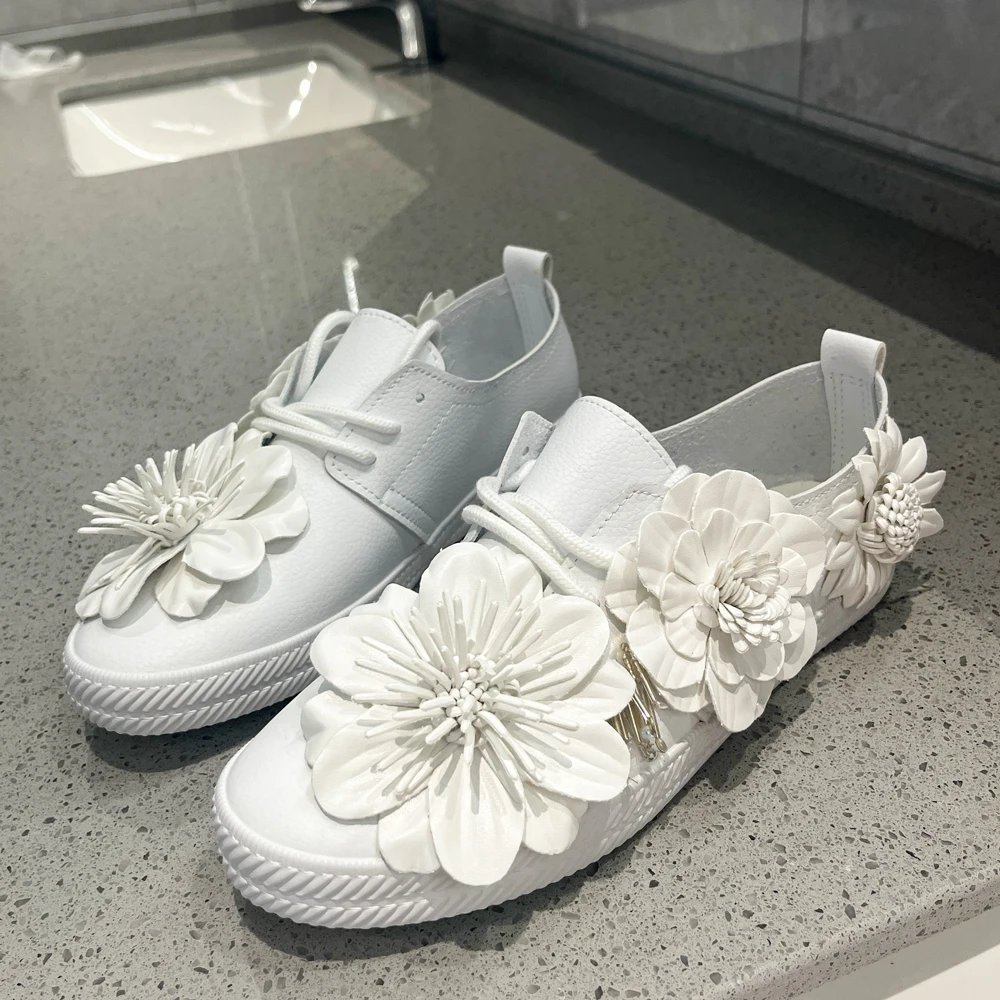 New Summer Flower Casual Shoes Lace-up Fashion Lazy Soft Comfortable Flats Female Belt Waterproof Daily White Shoes No Tired