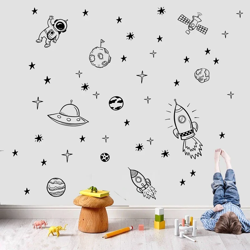 Rocket Ship Astronaut Creative Vinyl Wall Sticker For Boy Room Decoration Outer Space Wall Decal Kids Room Decoration z004
