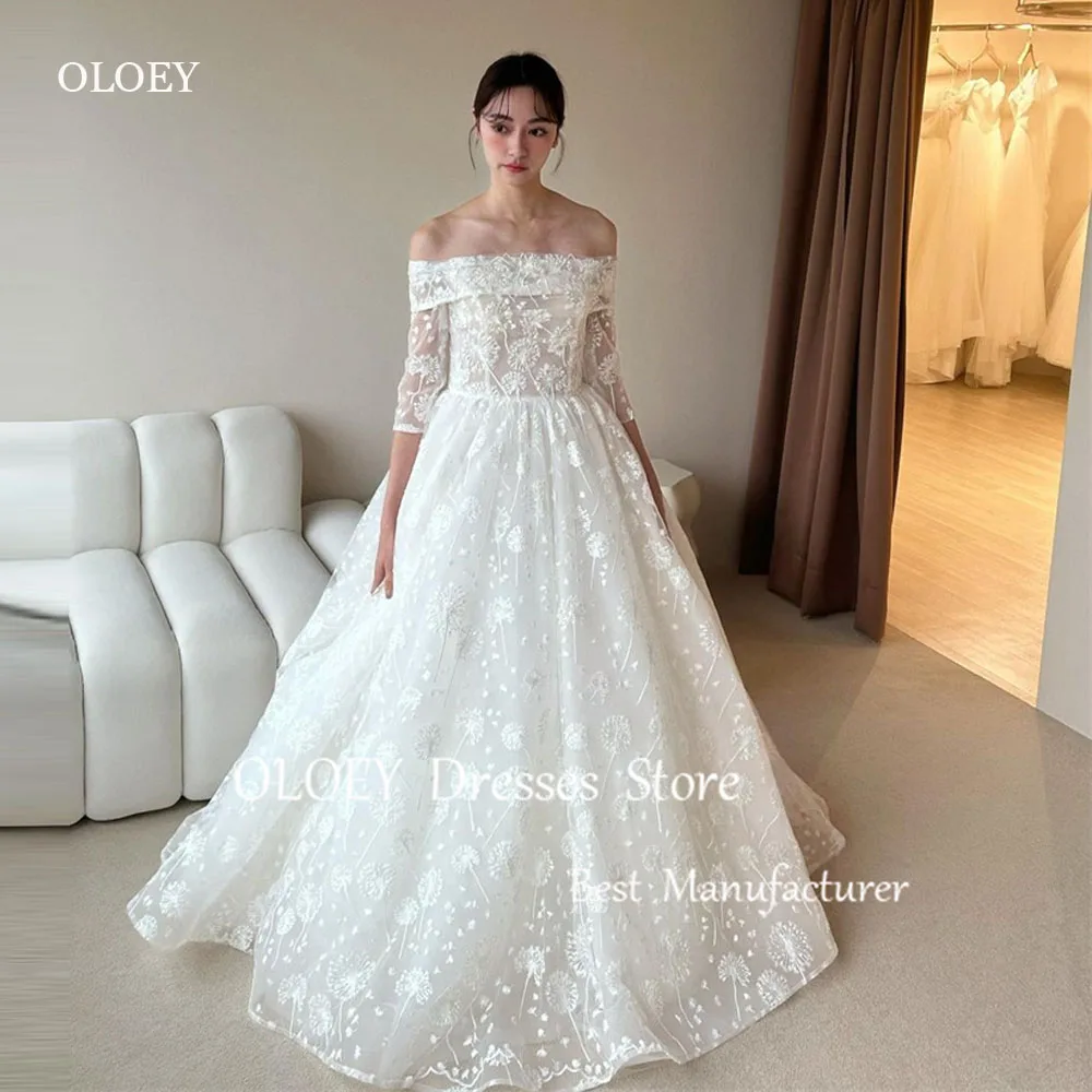 

OLOEY Exquisite Lace A Line Korea Wedding Dresses Photoshoot Off Shoulder Bolero Sweep Train Bridal Gowns Vestidos de noiva