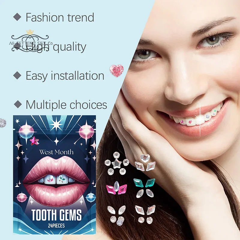 Dental Dente Gems Cristal Diamante, Ornamento Acrílico, DIY Ferramentas, Várias Formas, Cor Da Jóia, Dentadura, 24Pcs