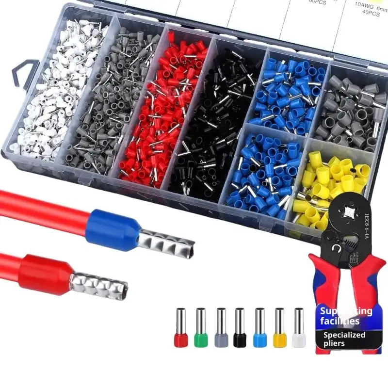Kit de Terminais de Cabo Isolados 450/700/1250 Peças - Conector de Bloco Terminal Tubular com Ferramenta de Crimpagem Elétrica