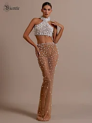 VC Off the Shoulder Pearl Beading 2 Pieces Set Halter Crop Top with Mesh See Through Long Skirt Cocktail Party Club Wear