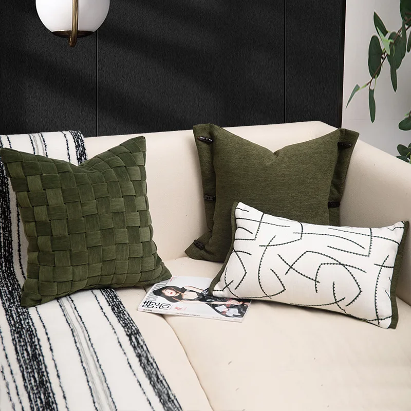 Retro Green Woven Cushion Cover Dutch Velvet Geometric Plaid Woven Pillow Cases Luxury Chinese Bamboo Embroidery Pillow Cover