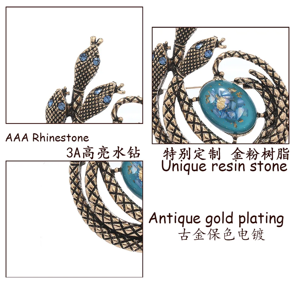 Personalized Medieval Vintage Three-headed Snake Brooch Creative Fun European Style Formal Coat Pin Accessory Corsage