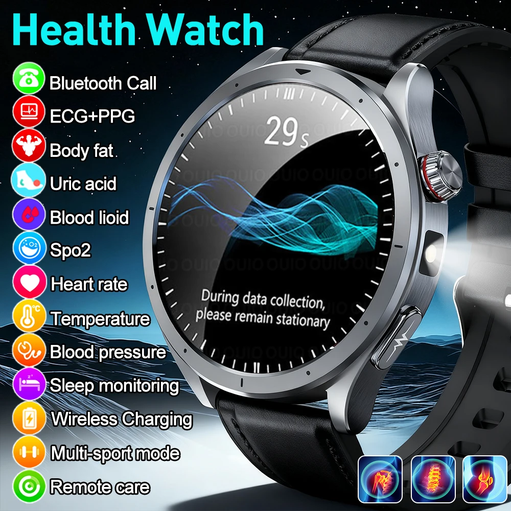 2025 New Health Detection ECG+PPG Uric Acid Blood Oxygen Body Analysis Smart Watch Clock Bluetooth BT Call Smart Watch Men